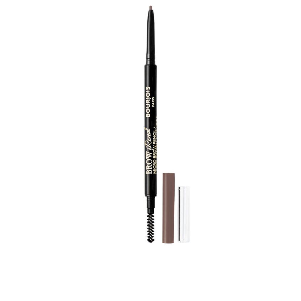 Augenbrauenstift mit Bürste und Kappe. Schwarzer Stift mit Aufschrift Bourjois Paris. Produktname: Brow Reveal Micro Brow.