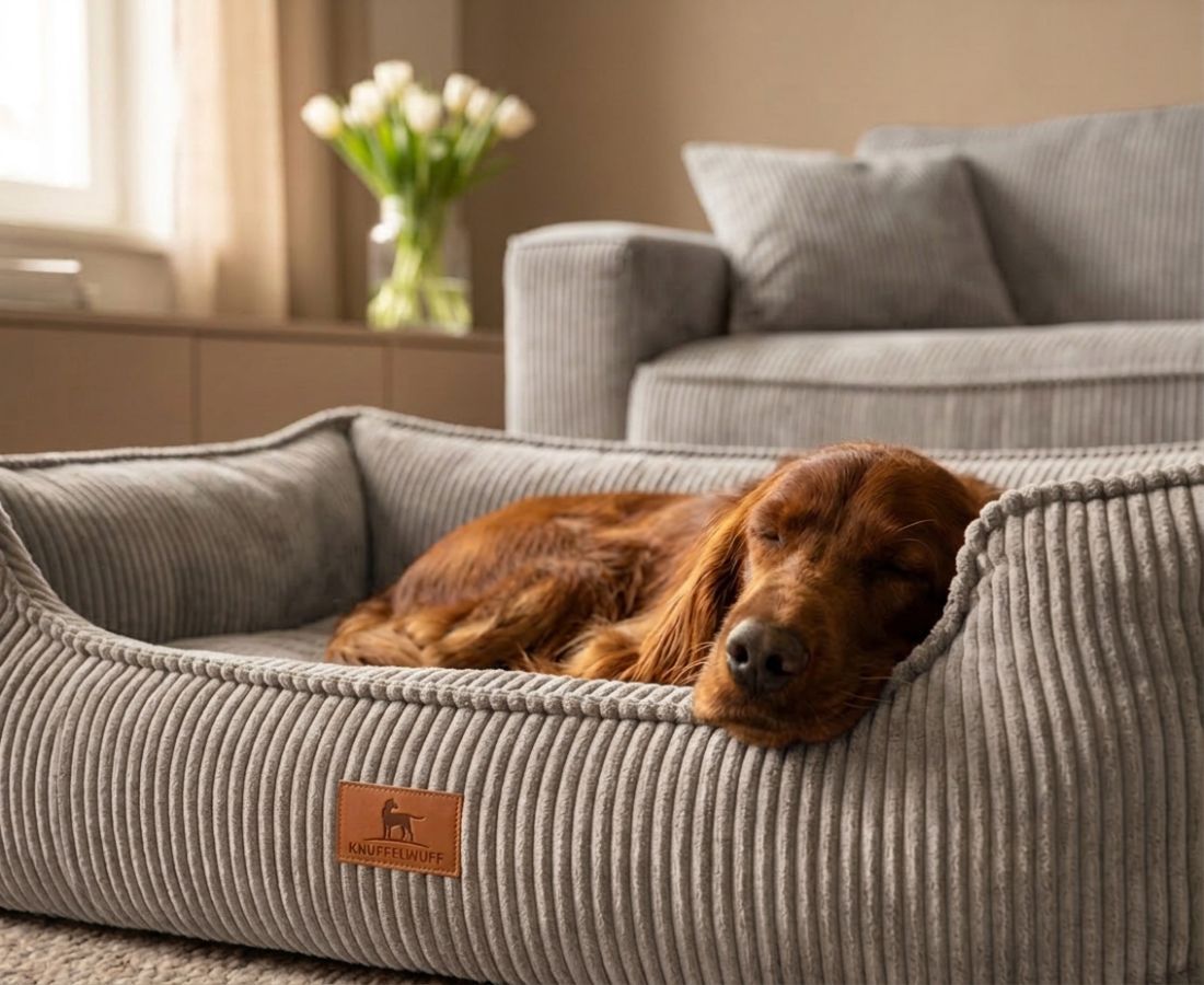 Graues Hundebett mit schlafendem Hund. Nahaufnahme des Hundes und des Betts.