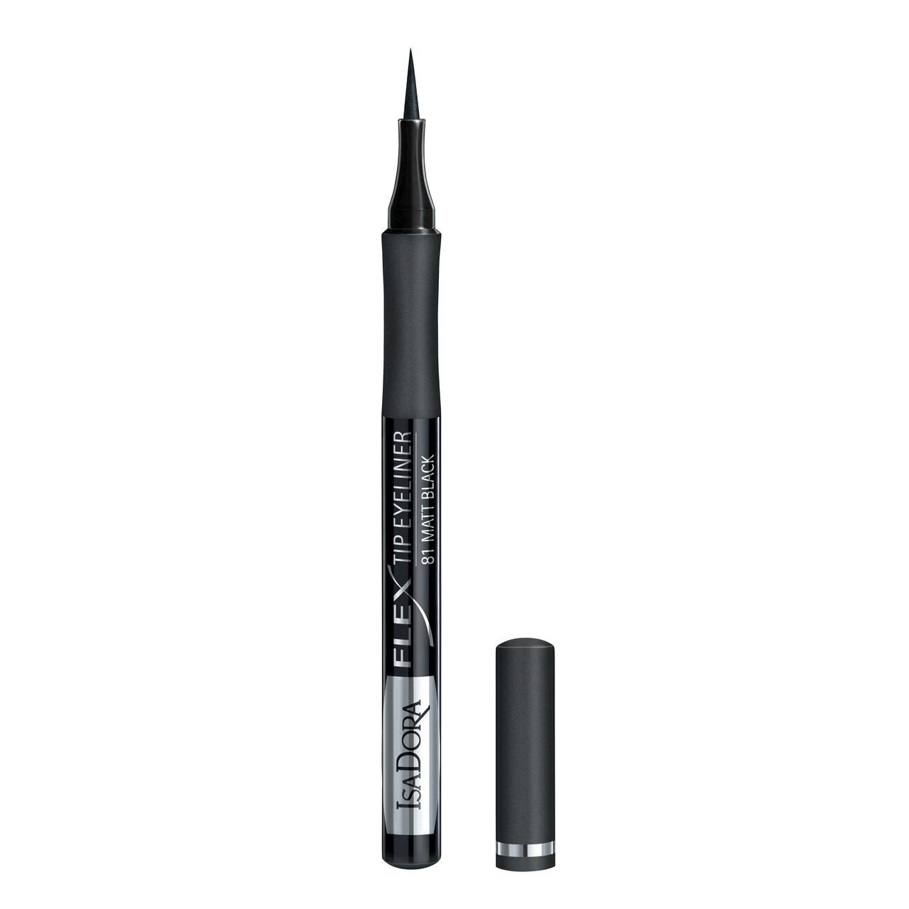 Schwarzer IsaDora Flex Tip Eyeliner mit geöffneter Kappe. Spitze sichtbar. Produktname und Marke deutlich erkennbar.