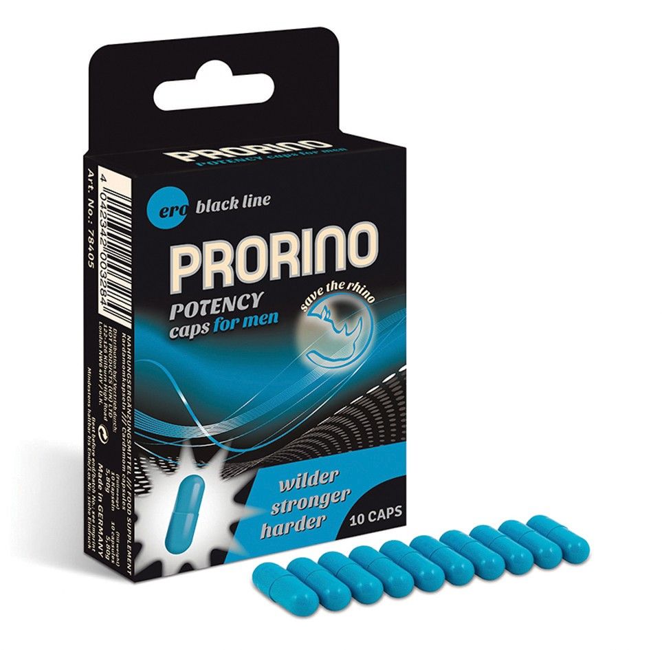 Schwarze Verpackung mit blauer Schrift. Enthält 10 Kapseln. Aufschrift: PRORINO POTENCY caps for men.
