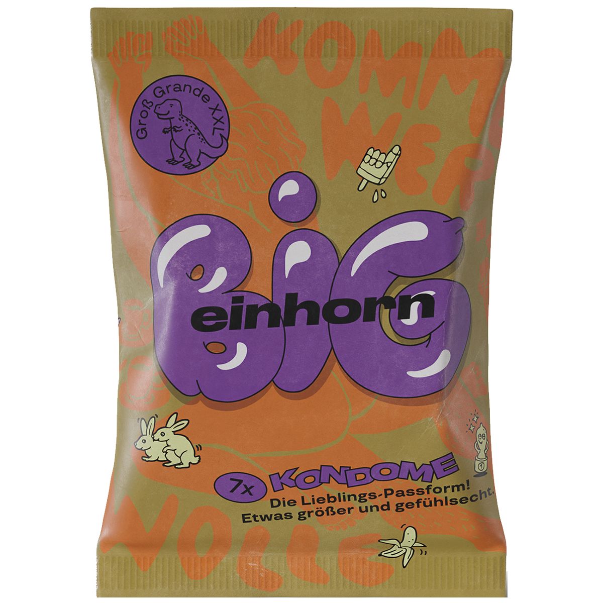 Verpackung mit Kondomen. Aufschrift "BIG einhorn". Enthält 7 Kondome. Text: "Die Lieblings-Passform! Etwas größer und gefühlsecht".