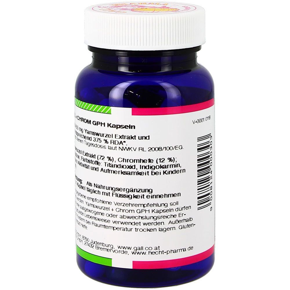 Blaue Flasche mit weißem Deckel. Aufschrift: Yamswurzel + Chrom GPH Kapseln. Rückseite mit Produktinformationen. Hersteller: GALL-Pharma.