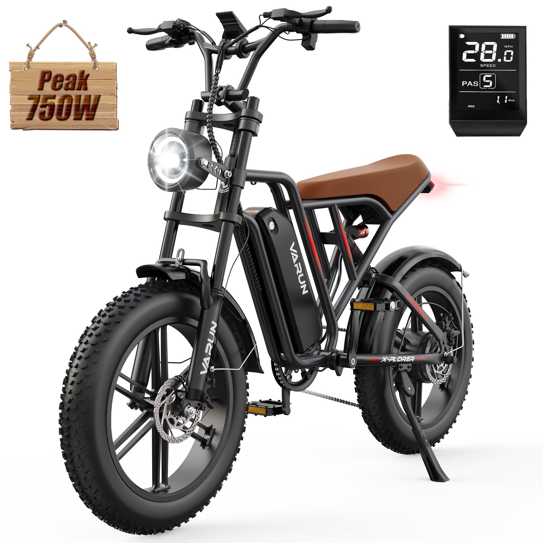 VARUN X-Plorer E-Bike im Moped-Stil mit braunem Sitz, Scheinwerfer und Digitalanzeige. Holzschild: Peak 750W.