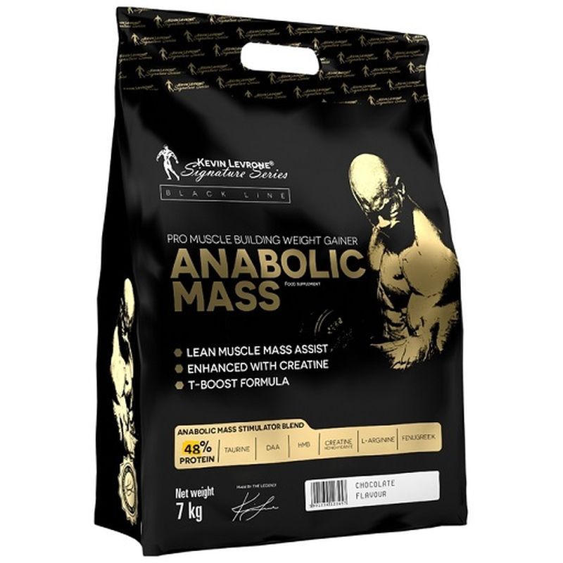 Schwarzer Beutel mit "ANABOLIC MASS". Enthält 48% Protein. Aufschrift "CHOCOLATE FLAVOUR". Marke: Kevin Levrone.