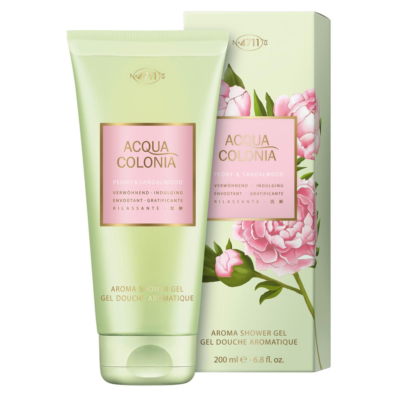 Grüne Tube und Schachtel. Aufschrift: Acqua Colonia, Peony & Sandalwood, Aroma Shower Gel. Abbildung: Pfingstrosen.