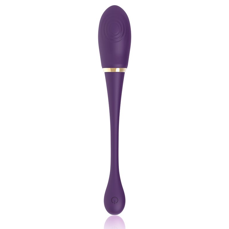 Lila Vibrator mit goldfarbenem Ring. Tropfenförmige Basis. Abgerundete Form.