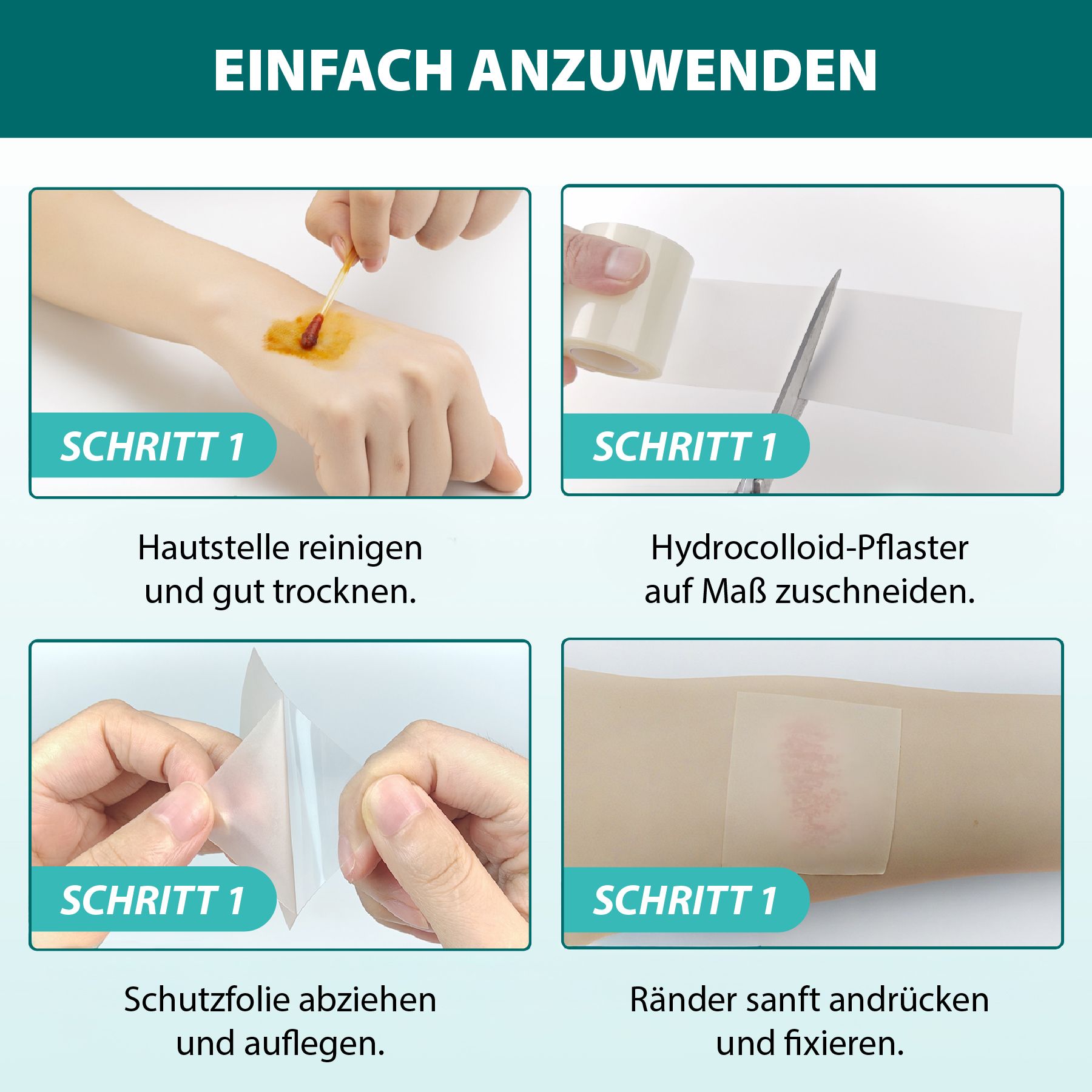 Anwendungsschritte: Haut reinigen, Pflaster zuschneiden, Schutzfolie abziehen, Ränder fixieren. Illustrationen.