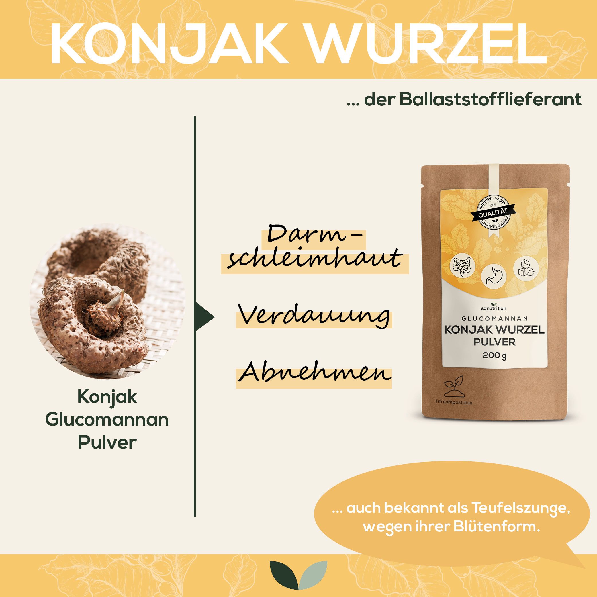 Sanutrition® - reines Konjak-Wurzel Glucomannan Pulver 200 g