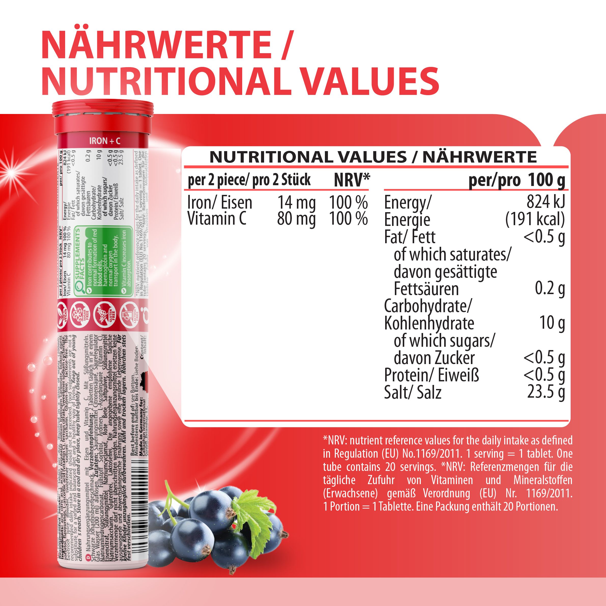 Produktverpackung mit Nährwertangaben. Enthält Informationen zu Eisen, Vitamin C, Energie, Fett, Kohlenhydraten, Zucker, Eiweiß und Salz.