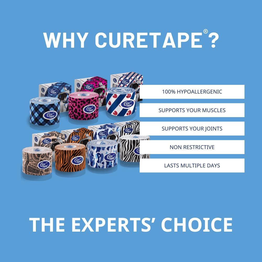 Verschiedene CureTape-Rollen in verschiedenen Mustern. Text: 100% hypoallergen, unterstützt Muskeln und Gelenke, nicht einschränkend.