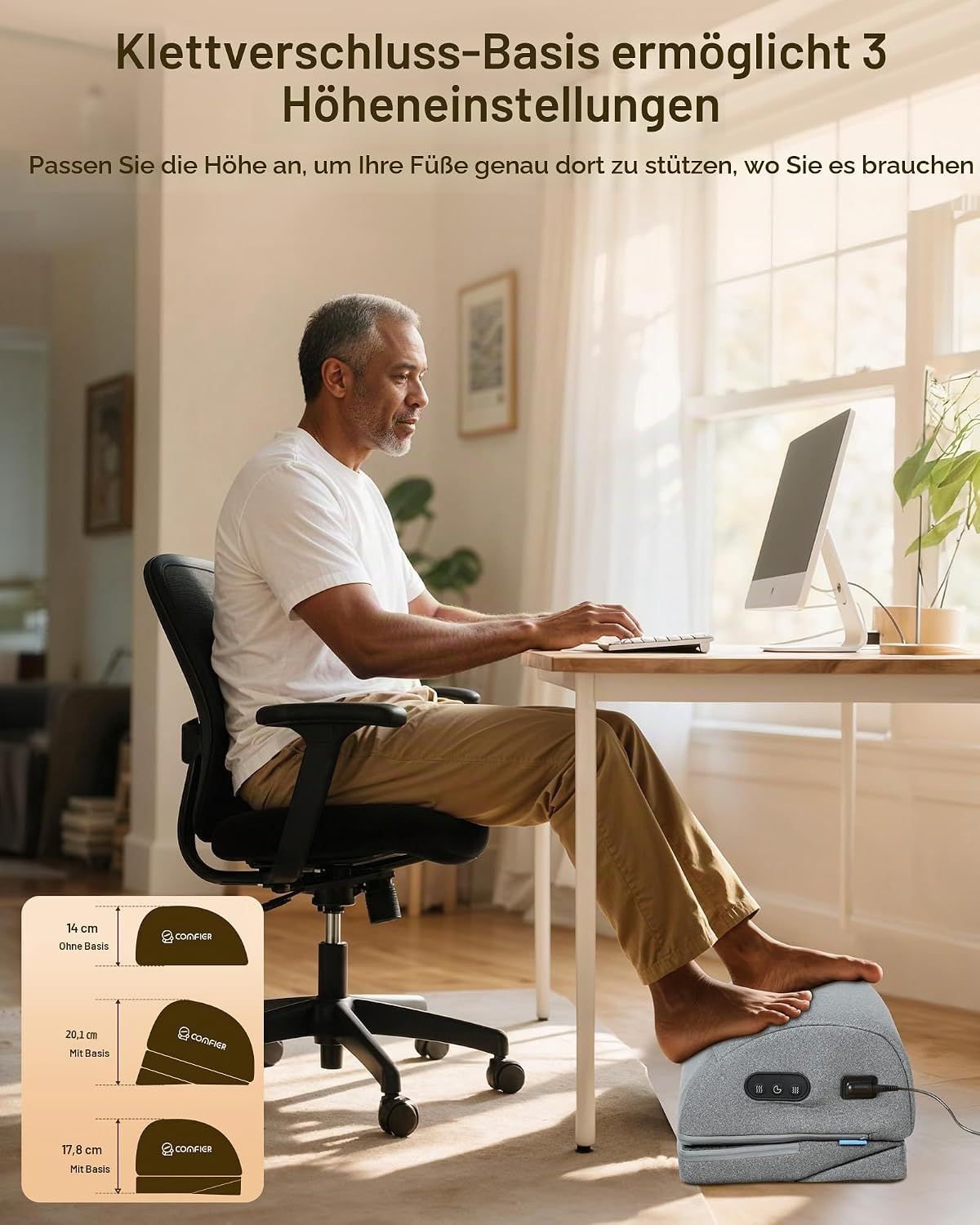 Ergonomischer Fußstütze mit 3 Höheneinstellungen für natürlichen Sitzkomfort.