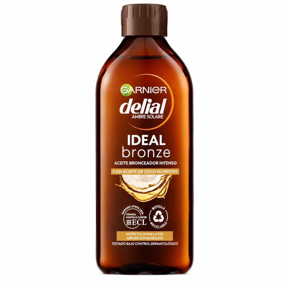 Garnier Delial Ambre Solaire Ideal Bronze Bräunungsöl in brauner Flasche mit braunem Verschluss.