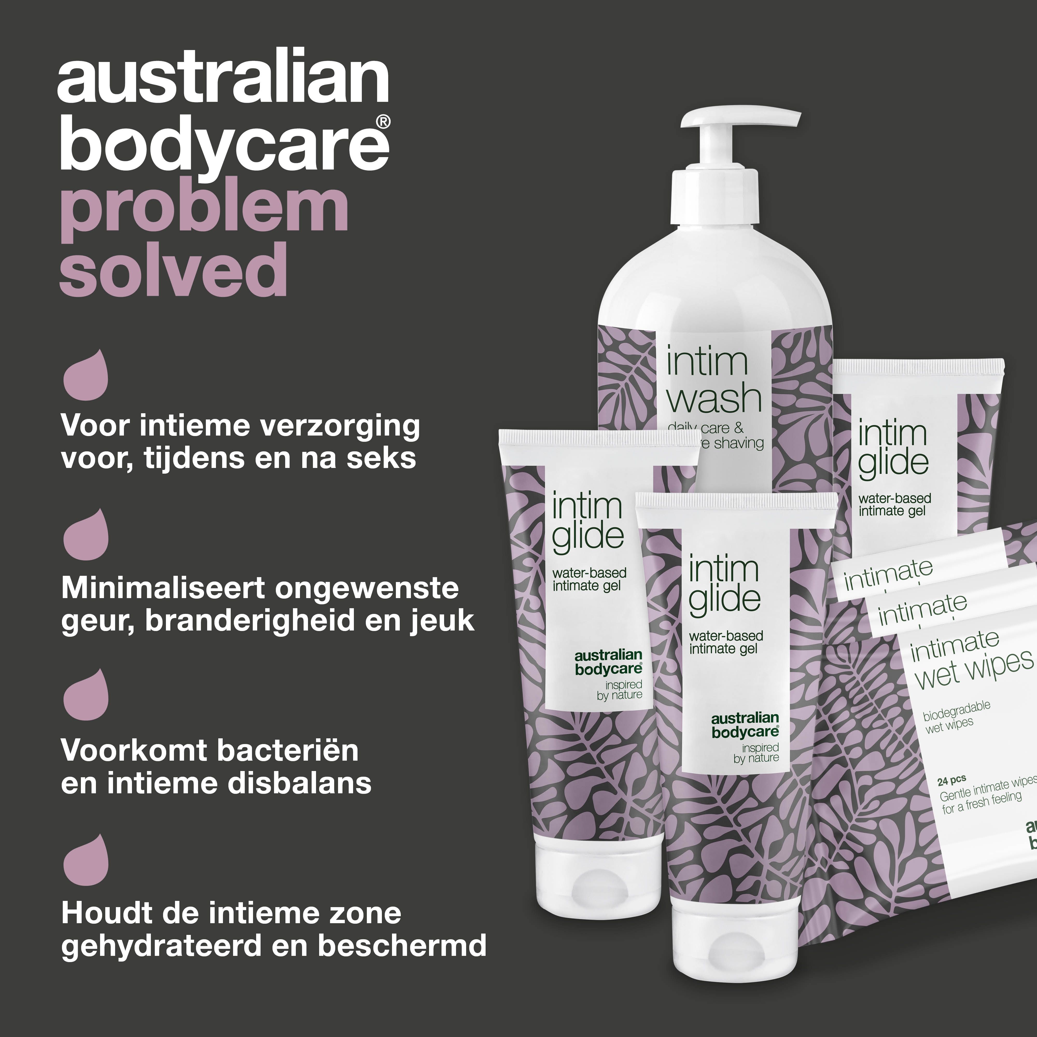 Productafbeelding: Intim Wash, Intim Glide, Intimate Wet Wipes. Tekst: Probleem opgelost.