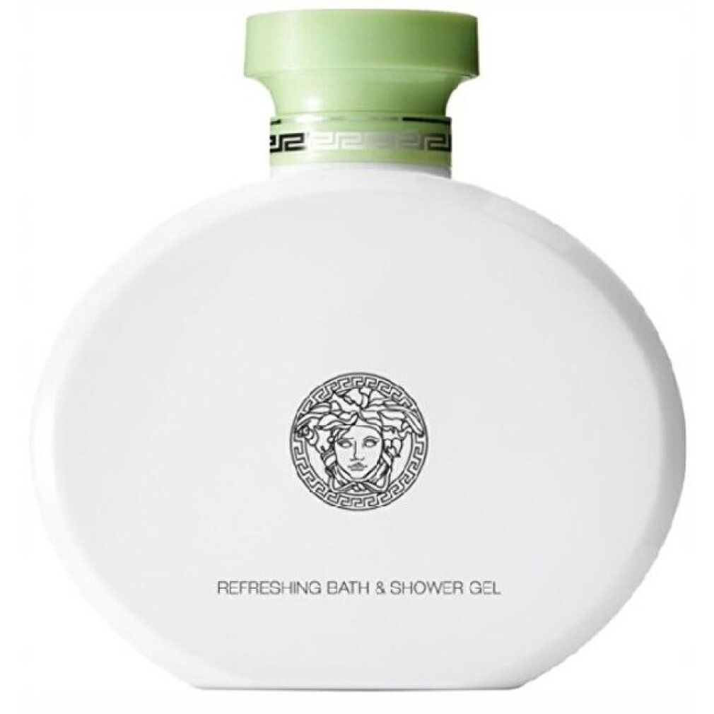 Weißer, ovaler Flakon mit grünem Verschluss. Unten steht "Refreshing Bath & Shower Gel". Das Versace-Logo ist mittig platziert.