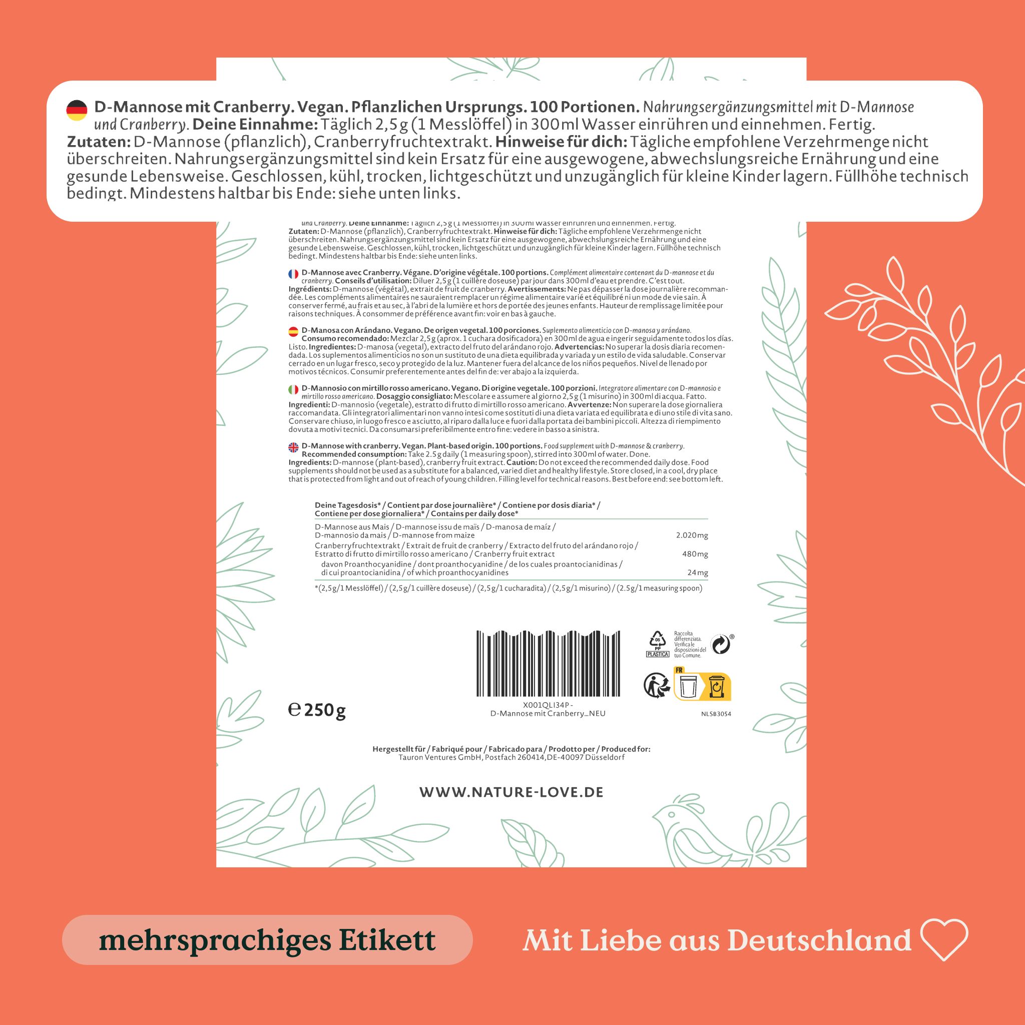 NATURE LOVE® D-Mannose Pulver + Cranberry - 250g Pulver - 100 Tage Reichweite - mit Dosierlöffel