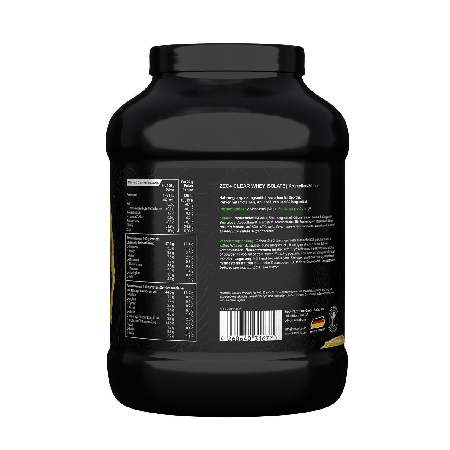 Zec+ Clear Whey Isolate Protein/ Eiweiß Krümeltee-Zitrone 900 GR Pulver