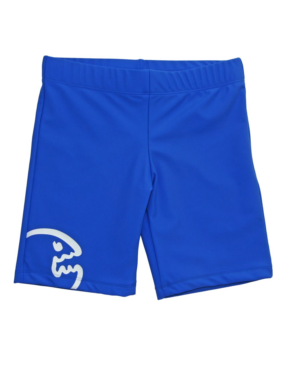 Blaue Shorts mit weißem Logo. Elastischer Bund. Blick von vorne.