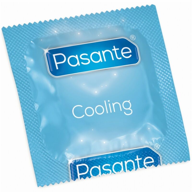 Einzelverpacktes Kondom. Marke Pasante, Produktname Cooling. Blaue Verpackung mit Produktnamen.