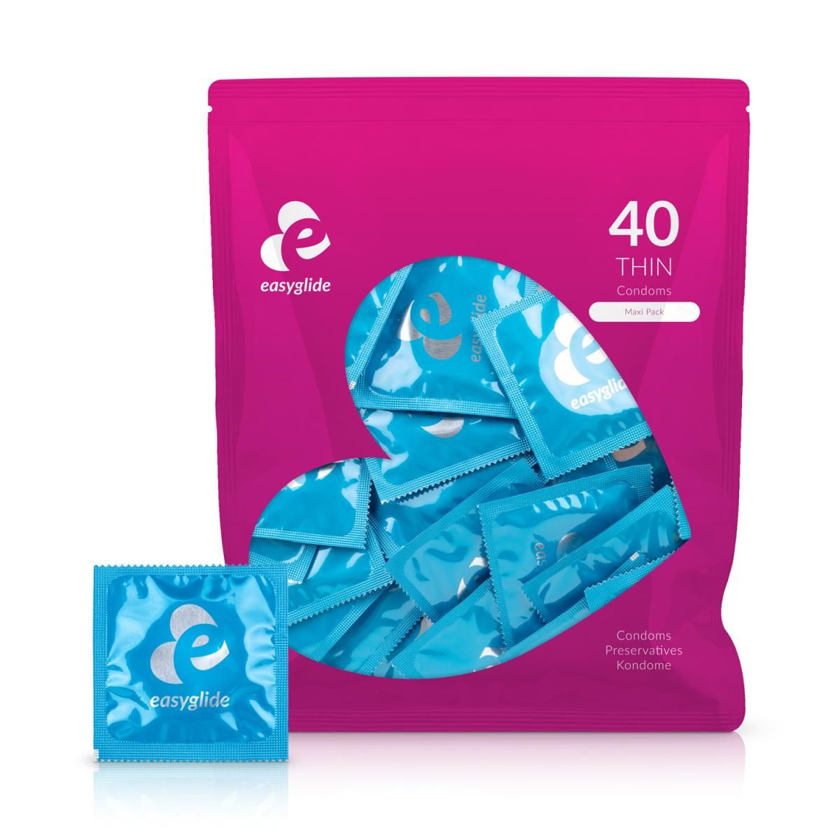 Rosa Verpackung mit Kondomen und einem einzelnen Päckchen. Aufschrift: EasyGlide, 40 Stück.