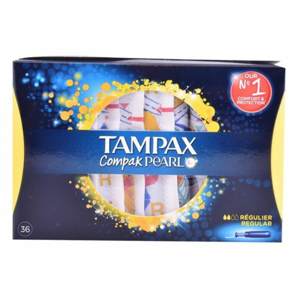 Packung Tampax Compak Pearl Regular. 36 Stück. Blaue und gelbe Verpackung mit Produktnamen und Logo. 'Our No. 1' Aufkleber.