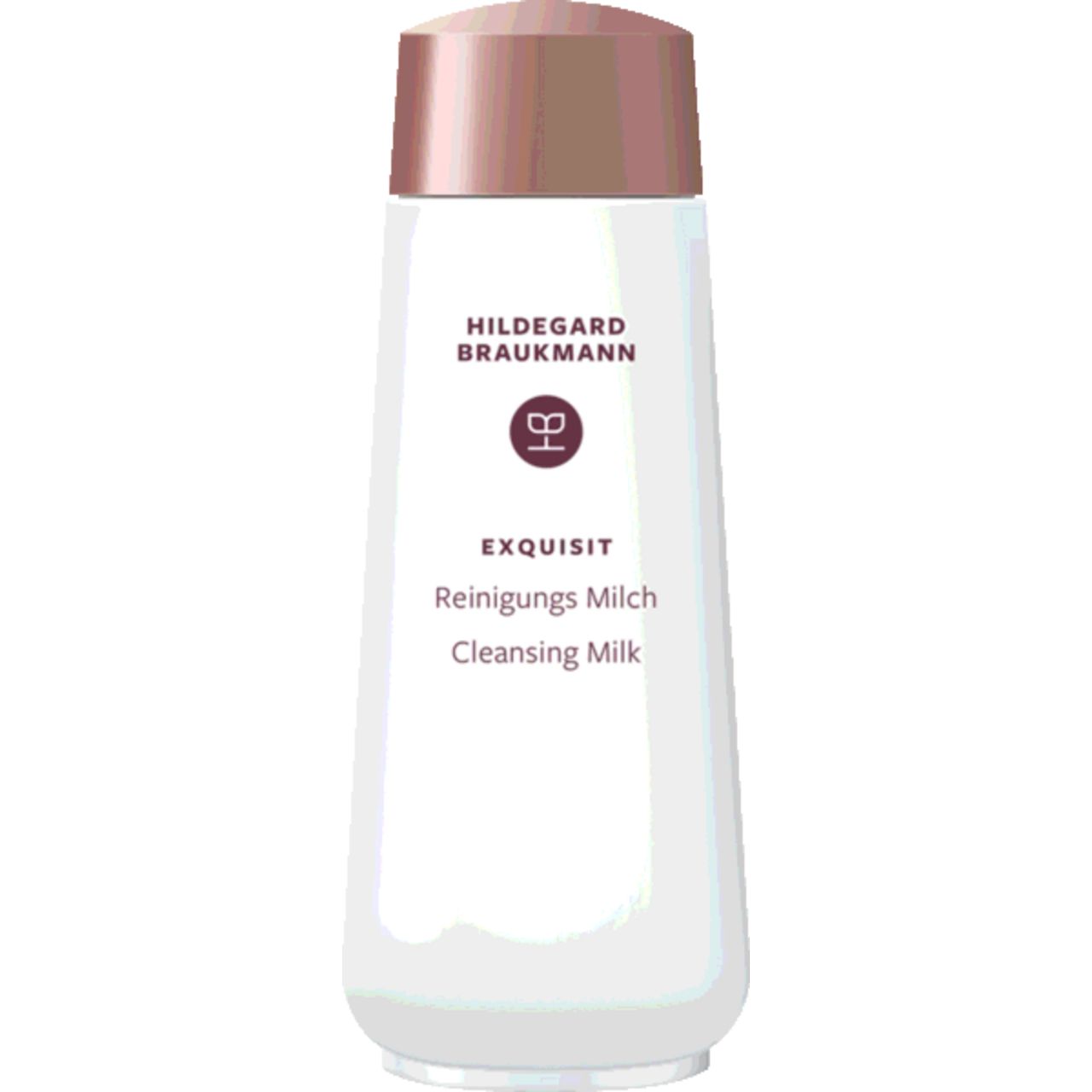 Flasche mit kupferfarbenem Deckel. Beschriftung: Hildegard Braukmann, Exquisit Reinigungs Milch, Cleansing Milk.