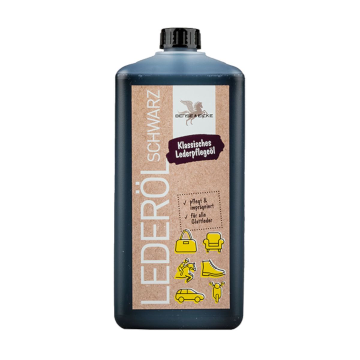 Schwarzes Lederpflegeöl in einer Flasche. Aufschrift: Lederöl, Klassisches Lederpflegeöl. Für alle Glattleder.