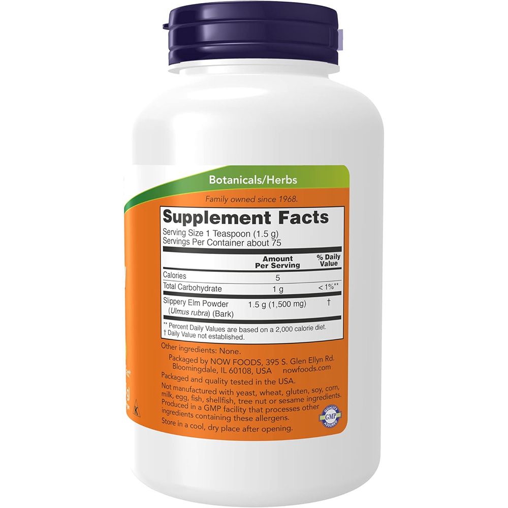 Rückseite der weißen Dose. Etikett mit Nährwertangaben und Inhaltsstoffen. Text: Slippery Elm Powder. Grünes Etikett.