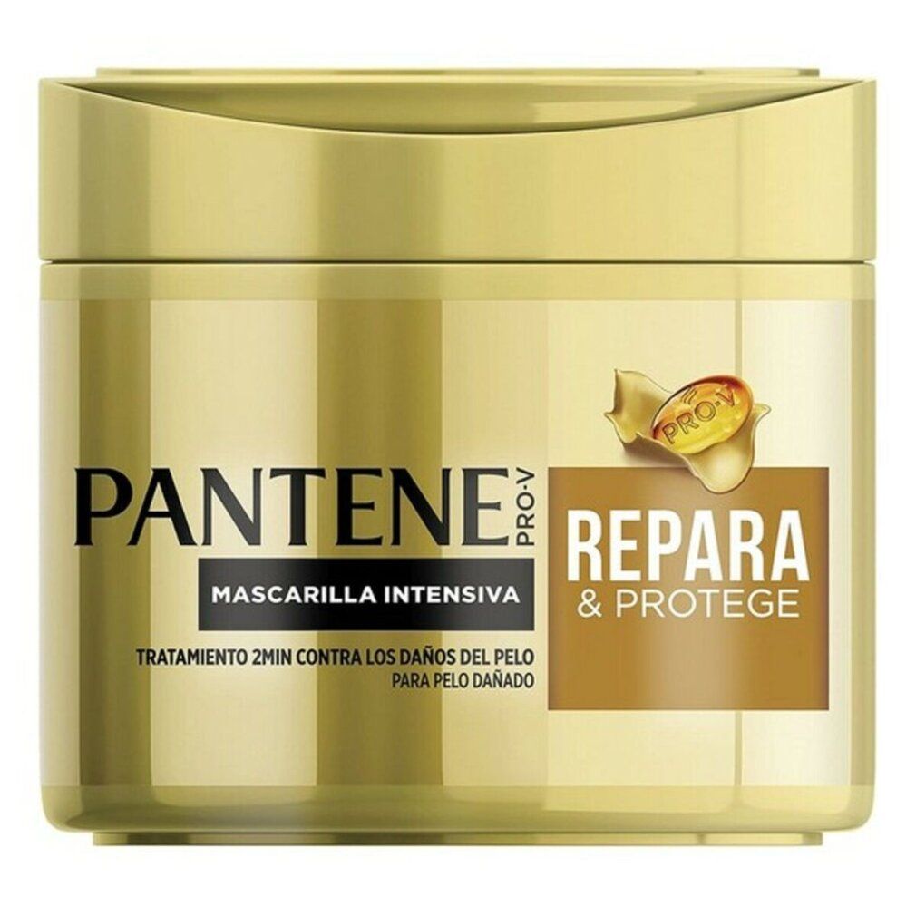 Goldfarbene Dose mit Produkt. Aufschrift: PANTENE PRO-V REPARA & PROTEGE. Mascarilla Intensiva.