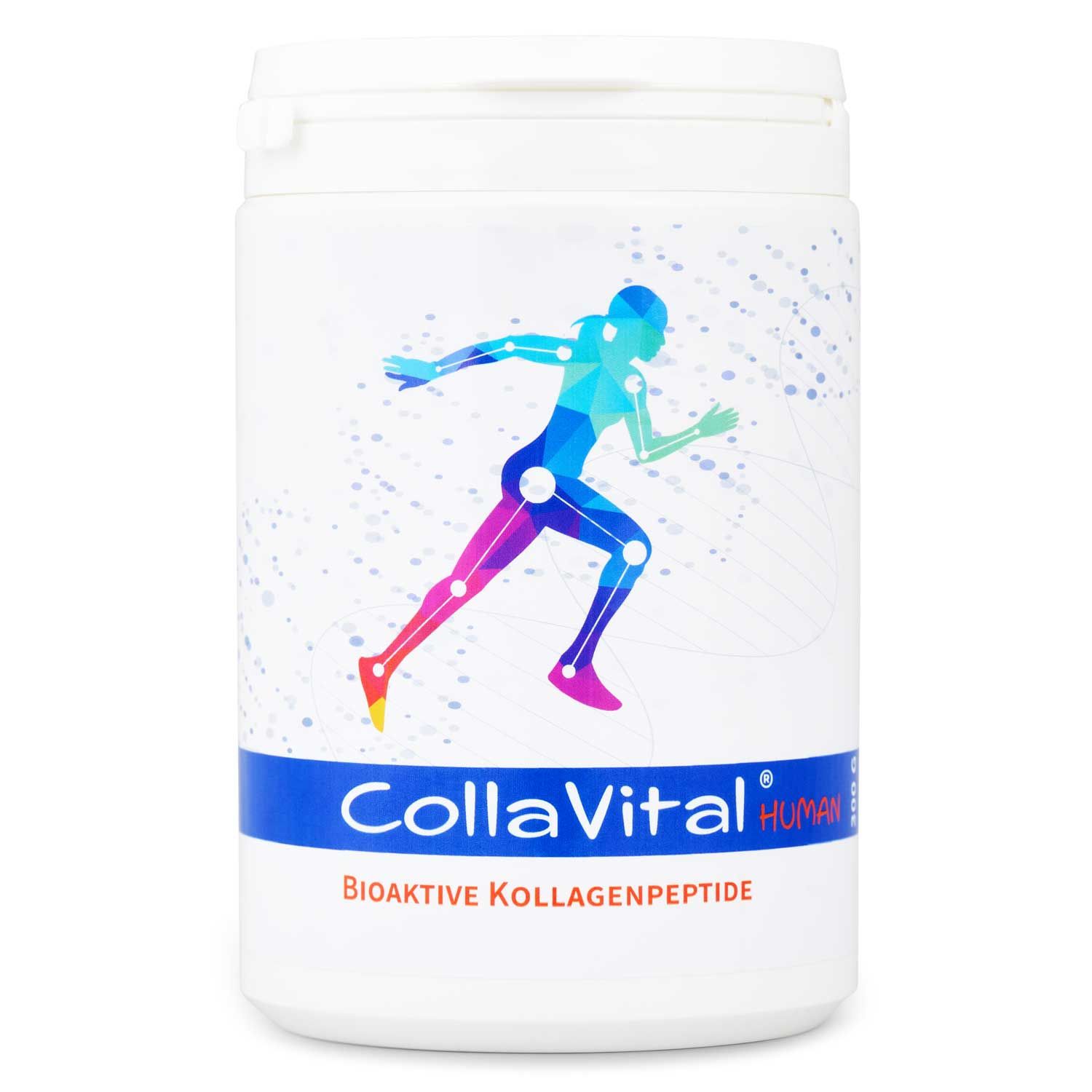 Weißer Behälter mit blauem Streifen und Aufdruck. Abbildung eines laufenden Menschen. Schriftzug: CollaVital, Bioaktive Kollagenpeptide.