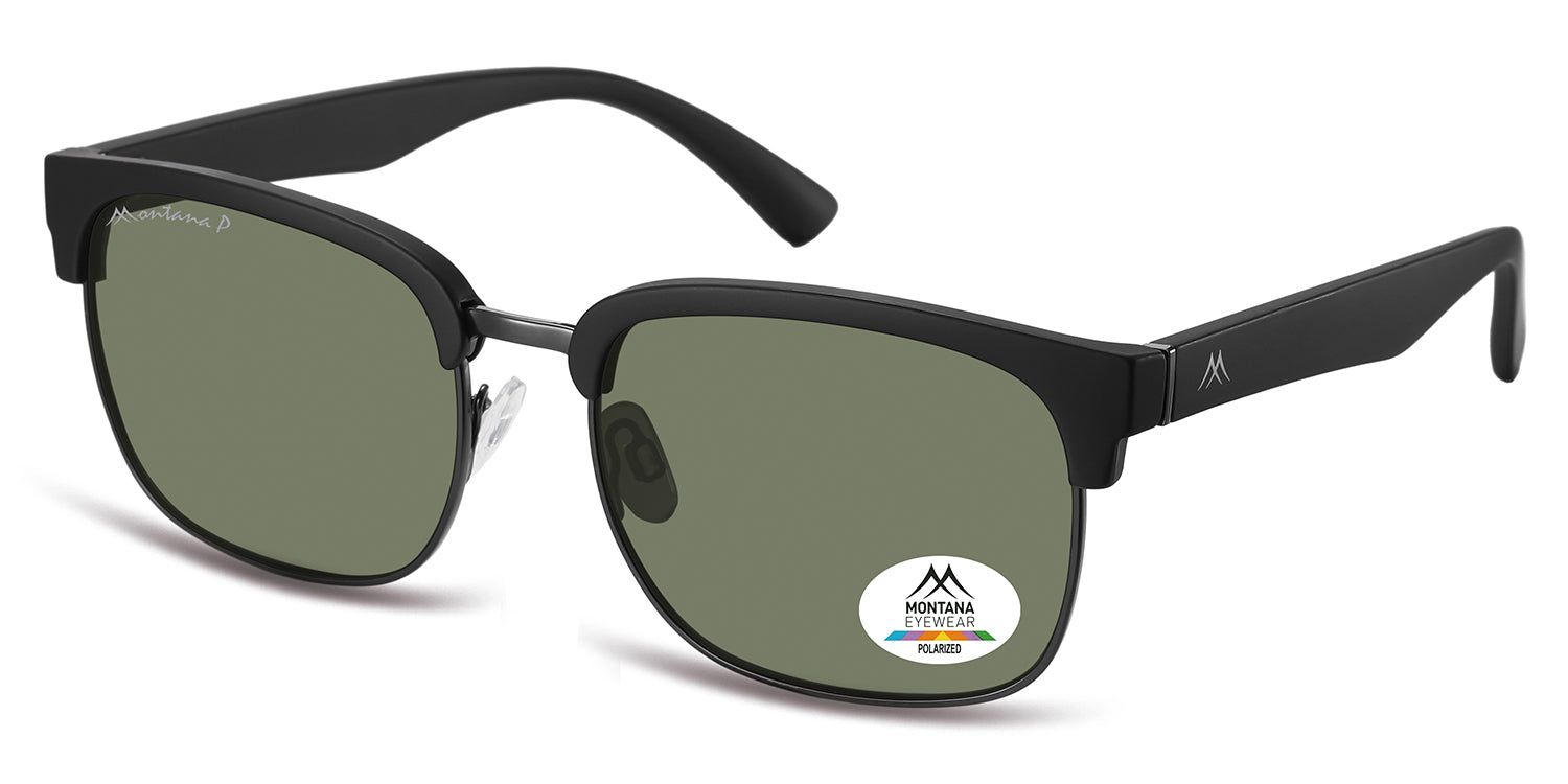 Sonnenbrille mit schwarzem Rahmen und grünen Gläsern. Montana Eyewear Logo auf dem Bügel und Glas. Eckige Form.
