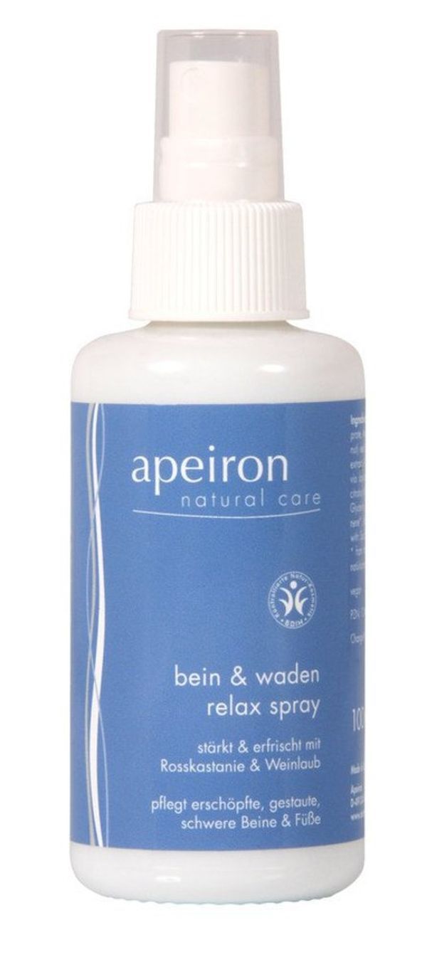 Apeiron Bein & Waden Relax Spray. Weiße Flasche mit blauem Etikett. Enthält Text und Logo. Mit Sprühkopf.