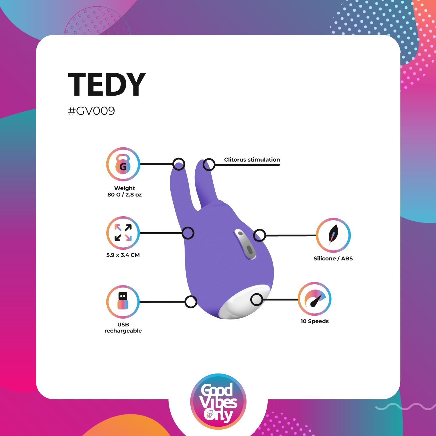 Infografik: Auflegevibrator mit Hasenohren. Zeigt Maße, Gewicht, Material, Geschwindigkeit und Ladefunktion.
