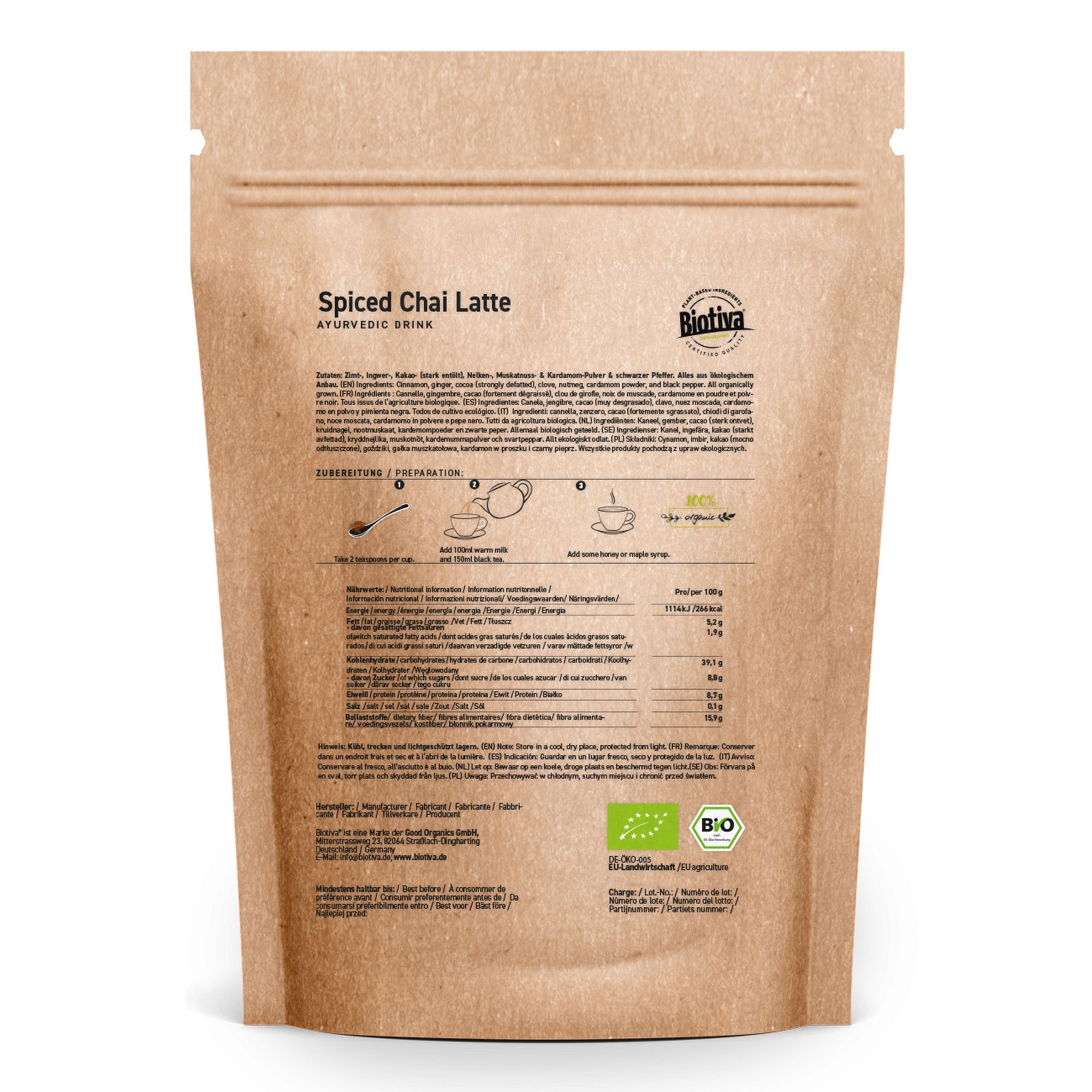 Braune Papierverpackung mit Text und Logos. Rückseite mit Zutatenliste, Zubereitungshinweisen und Bio-Siegel. Marke Biotiva.