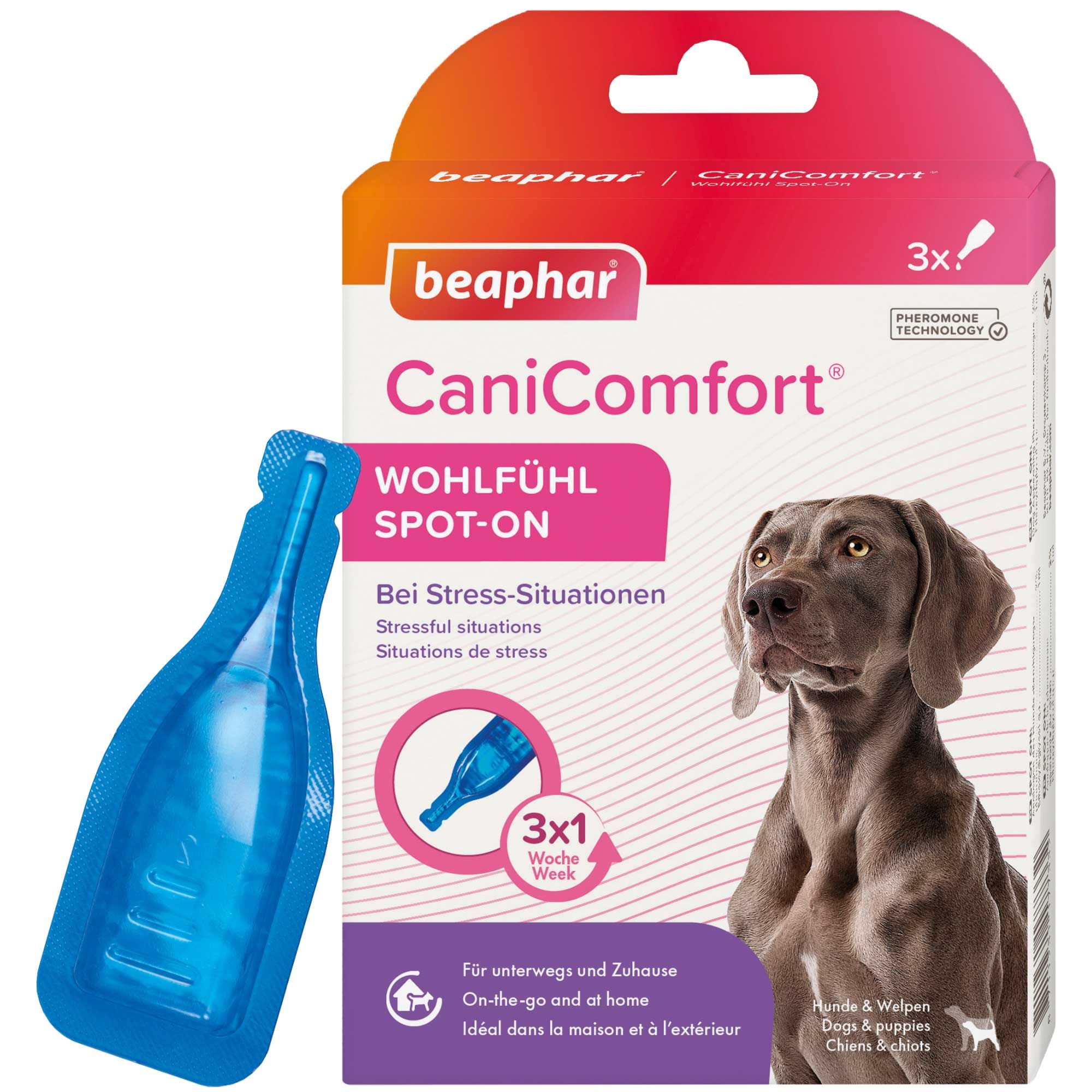 Verpackung mit Beaphar CaniComfort Spot-On. Enthält 3 Dosen. Abgebildet ist ein Hund. Text: Wohlfühl Spot-On, Bei Stress-Situationen.