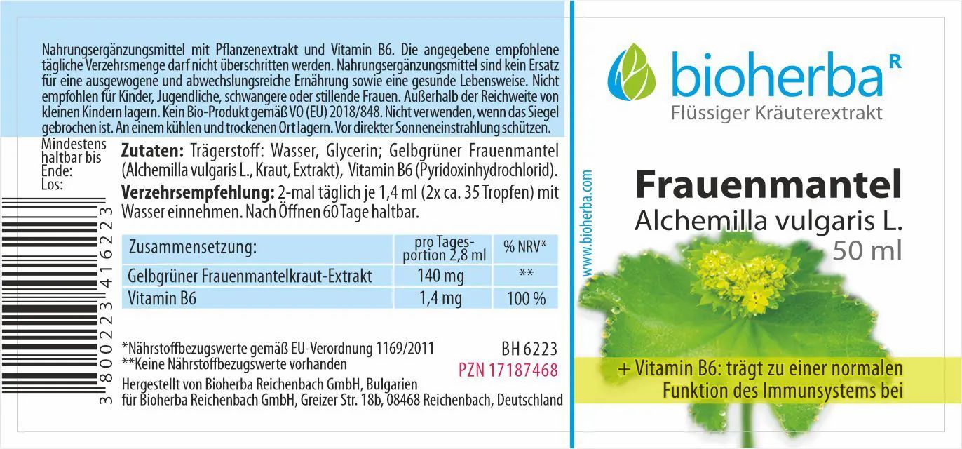 Etikett mit Produktinformationen. Enthält Text, Inhaltsstoffe und Nährwertangaben. Marke: Bioherba. Produkt: Frauenmantel Alchemilla vulgaris L. Tropfen.