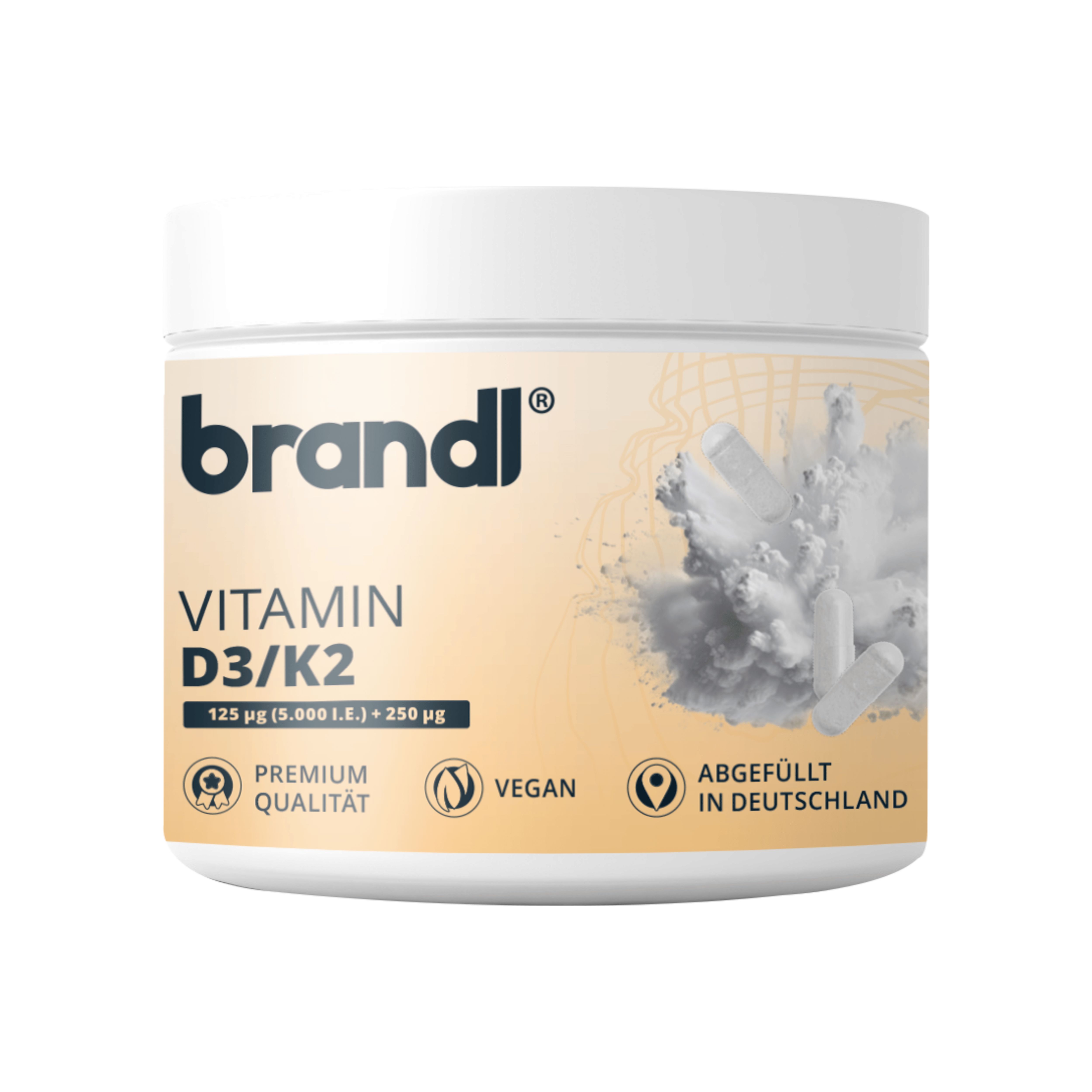 Vitamin D3 K2 Kapseln. 125 µg D3 + 250 µg K2. Premium Qualität. Vegan. Abgefüllt in Deutschland. Weiße Dose.