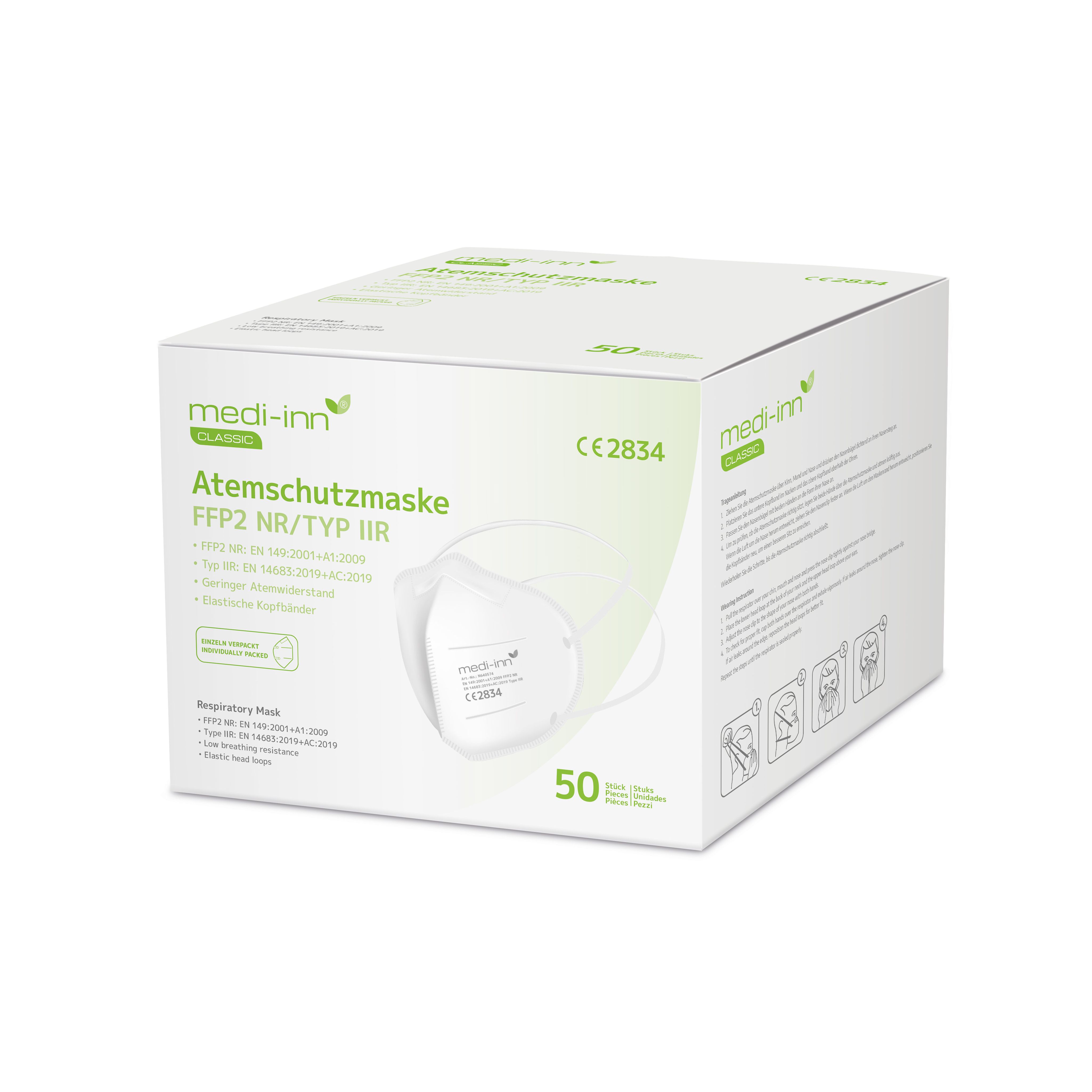 Medi-Inn Atemschutzmasken FFP2 NR, Typ IIR, 3-lagig, weiß