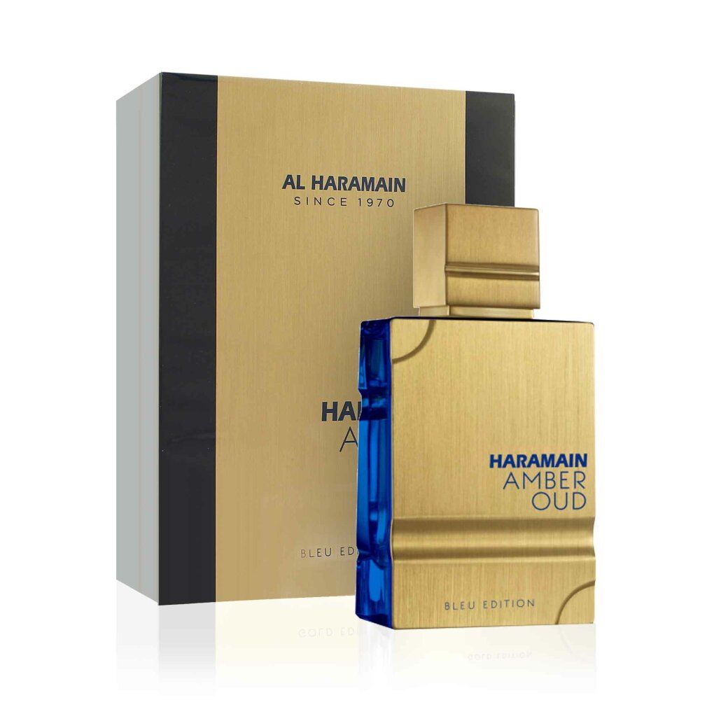 Goldfarbener Flakon mit blauen Elementen und Verpackung. Aufschrift: HARAMAIN AMBER OUD BLEU EDITION. Marke: AL HARAMAIN SINCE 1970.