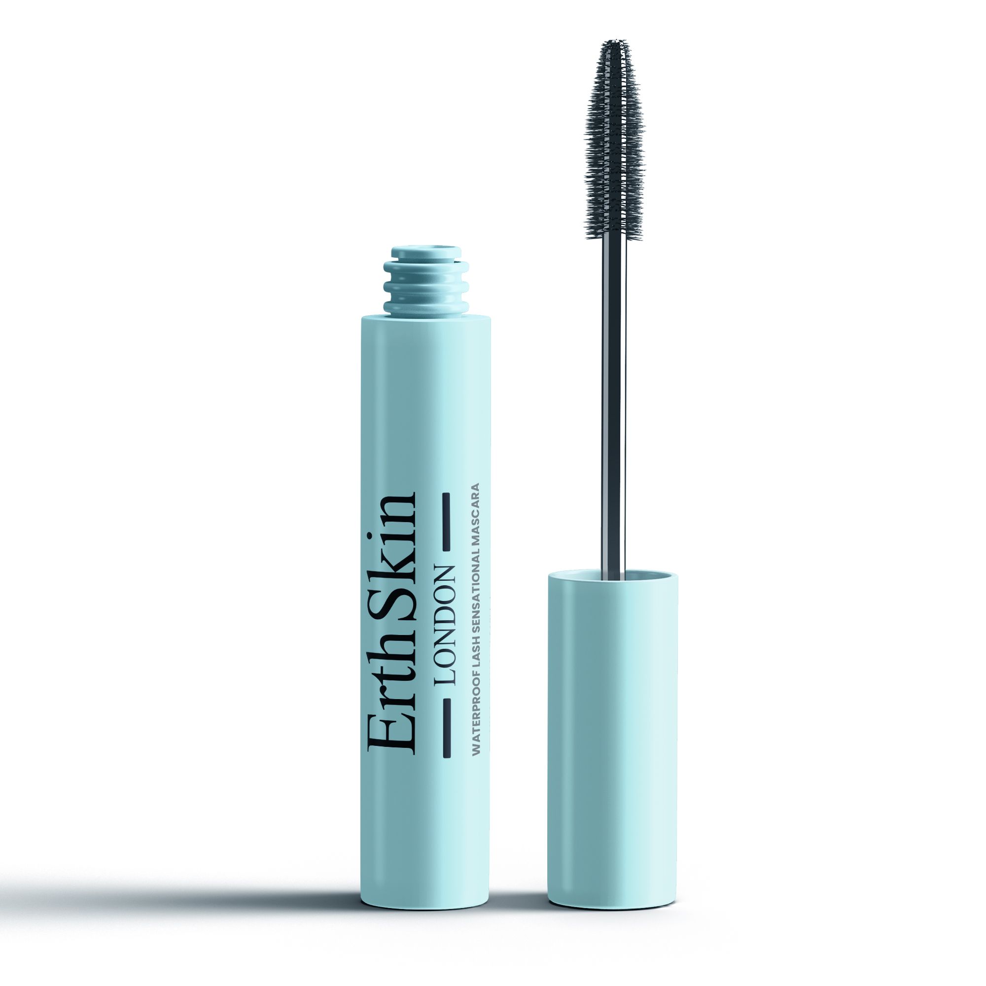 Mascara azzurro chiaro con spazzola. Spazzola estratta. Marchio: ErthSkin London. Testo: WATERPROOF LASH SENSATIONAL MASCARA.