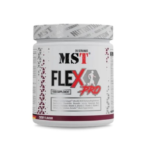 Weißes Supplement-Behälter mit roter und schwarzer Schrift. "MST Flex Pro" und "Cherry Flavour" sind sichtbar. 20 Portionen.