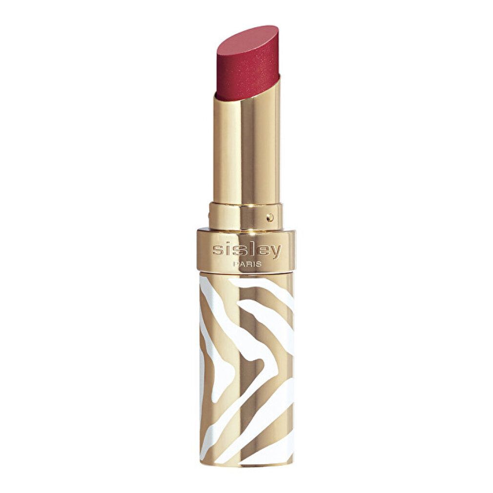 Lippenstift mit goldfarbenem Gehäuse und weißem Zebra-Muster. Der Lippenstift ist rot.