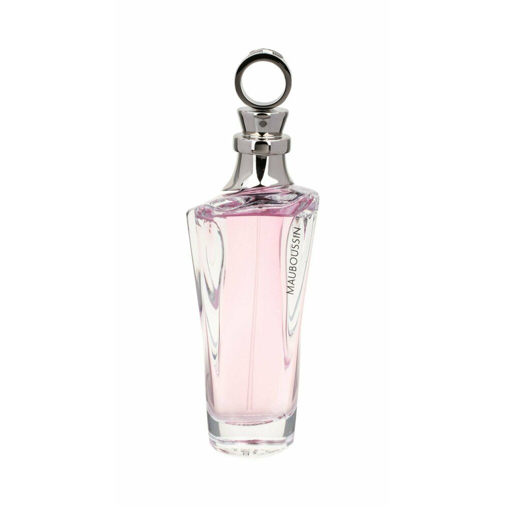 Rosa Pour Elle Eau de Parfum Spray Flakon. Rosa Flakon mit silbernem Verschluss. Mauboussin-Schriftzug.