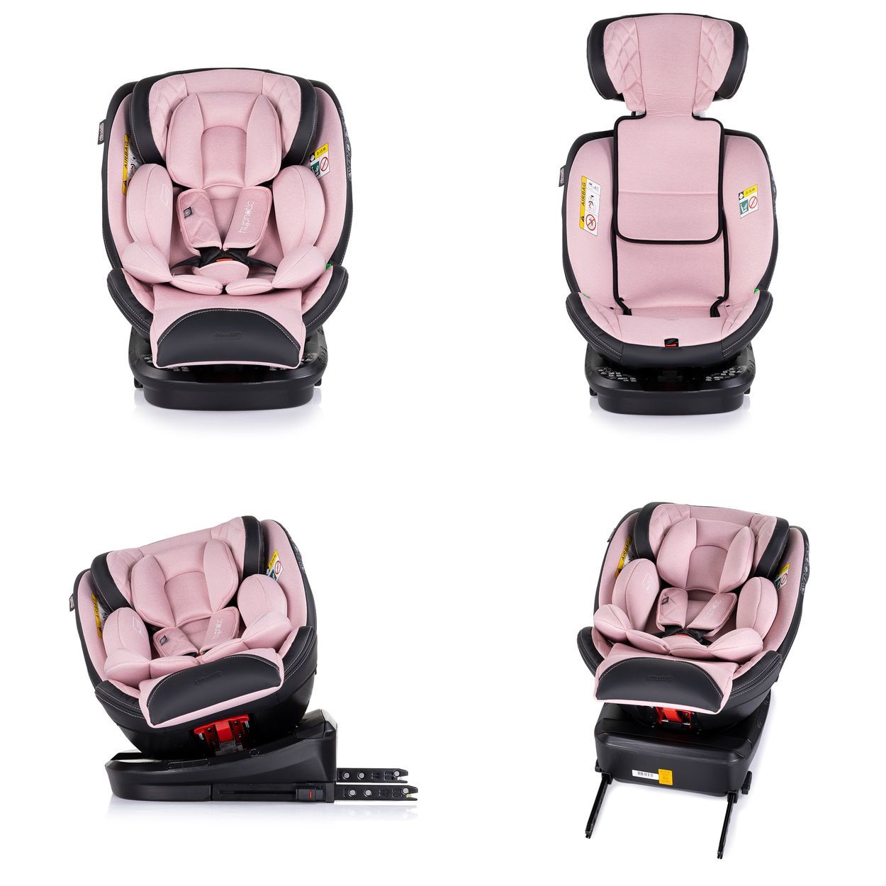 Grauer Kindersitz mit verstellbarer Kopfstütze und 5-Punkt-Gurt. Zeigt verschiedene Ansichten und Funktionen.
