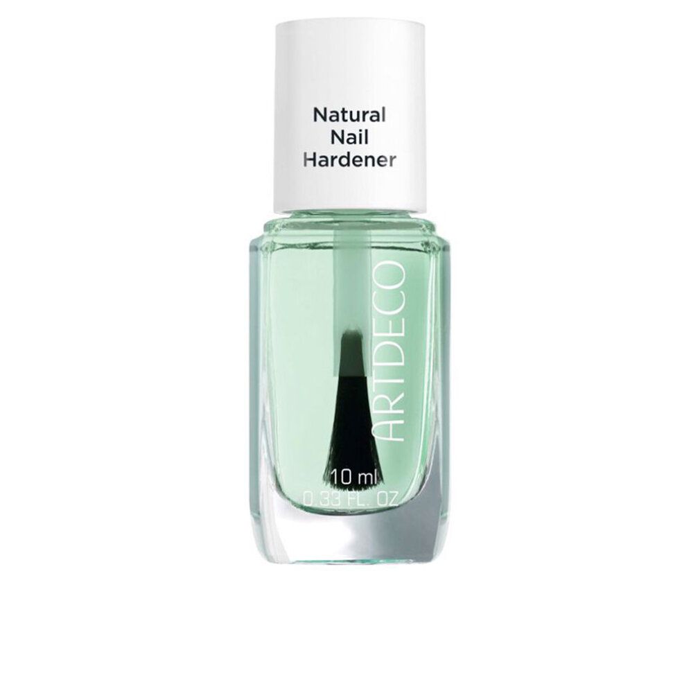 Artdeco Natural Nail Hardener. Klare Flüssigkeit in einer Glasflasche mit weißem Deckel. Schwarzer Pinsel. 10 ml.