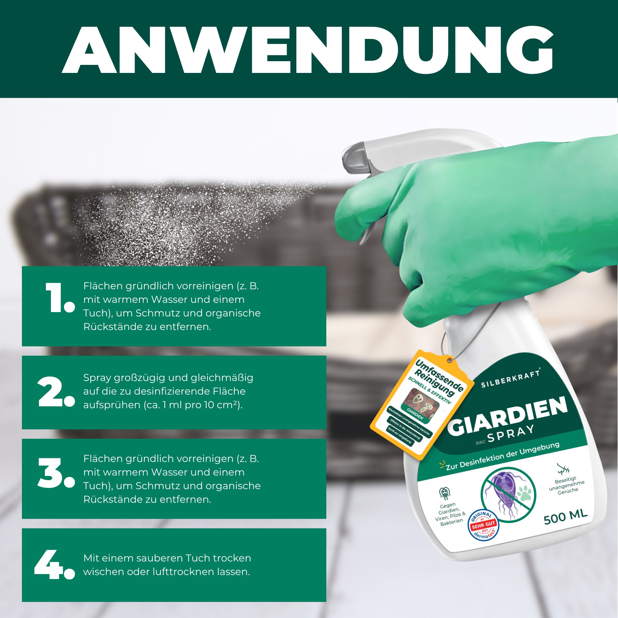 Anwendungshinweise. Eine Hand mit grünem Handschuh sprüht auf eine Oberfläche. Text: Anwendung, 4 Schritte.