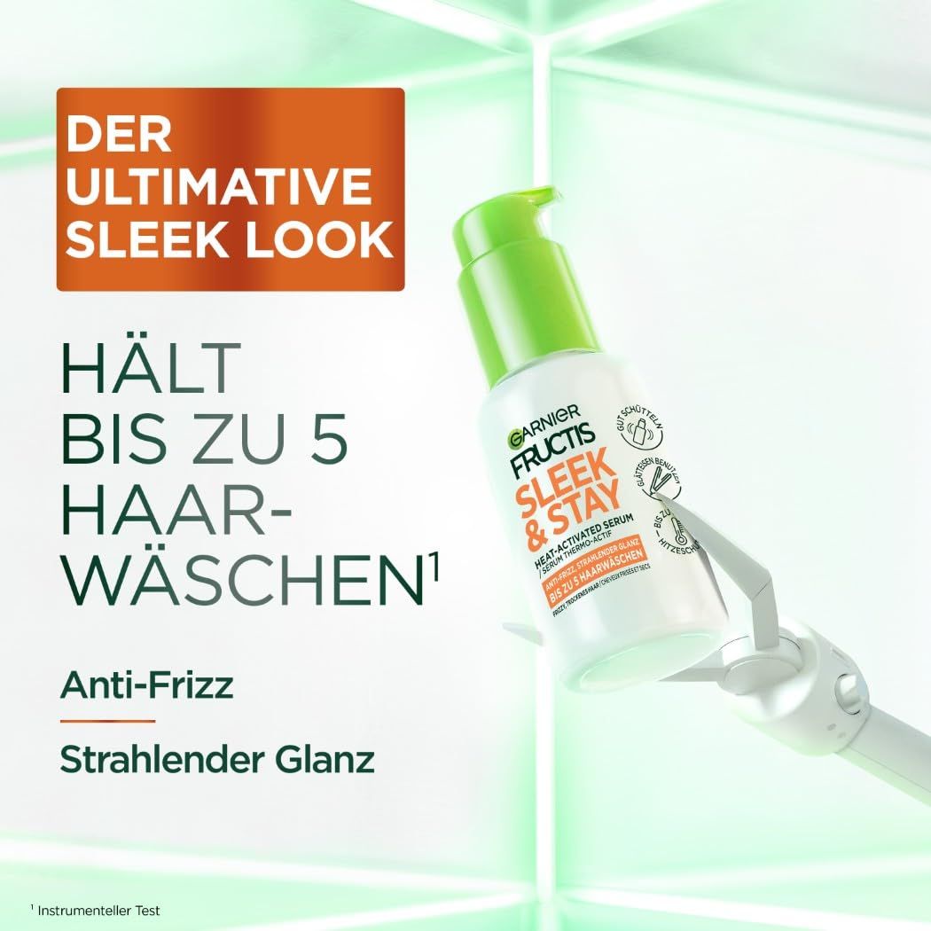 Garnier Fructis Sleek & Stay Serum. Weiße Flasche mit grünem Deckel. Produktname und Angaben zu Glättung und Anti-Frizz.