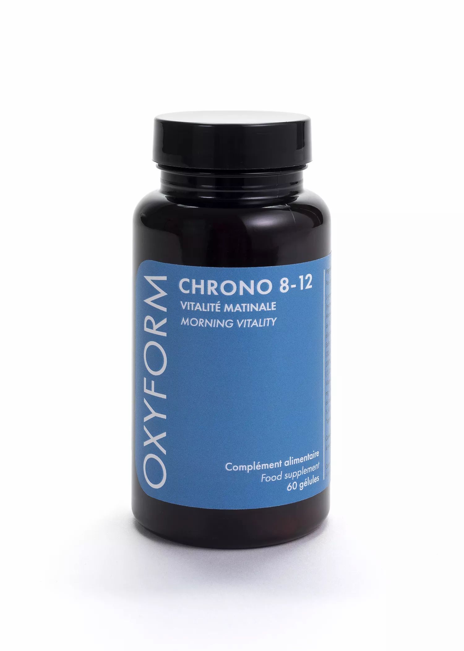 Braune Flasche mit blauem Etikett. Produktname: Oxyform Chrono 8-12. Enthält 60 Kapseln.