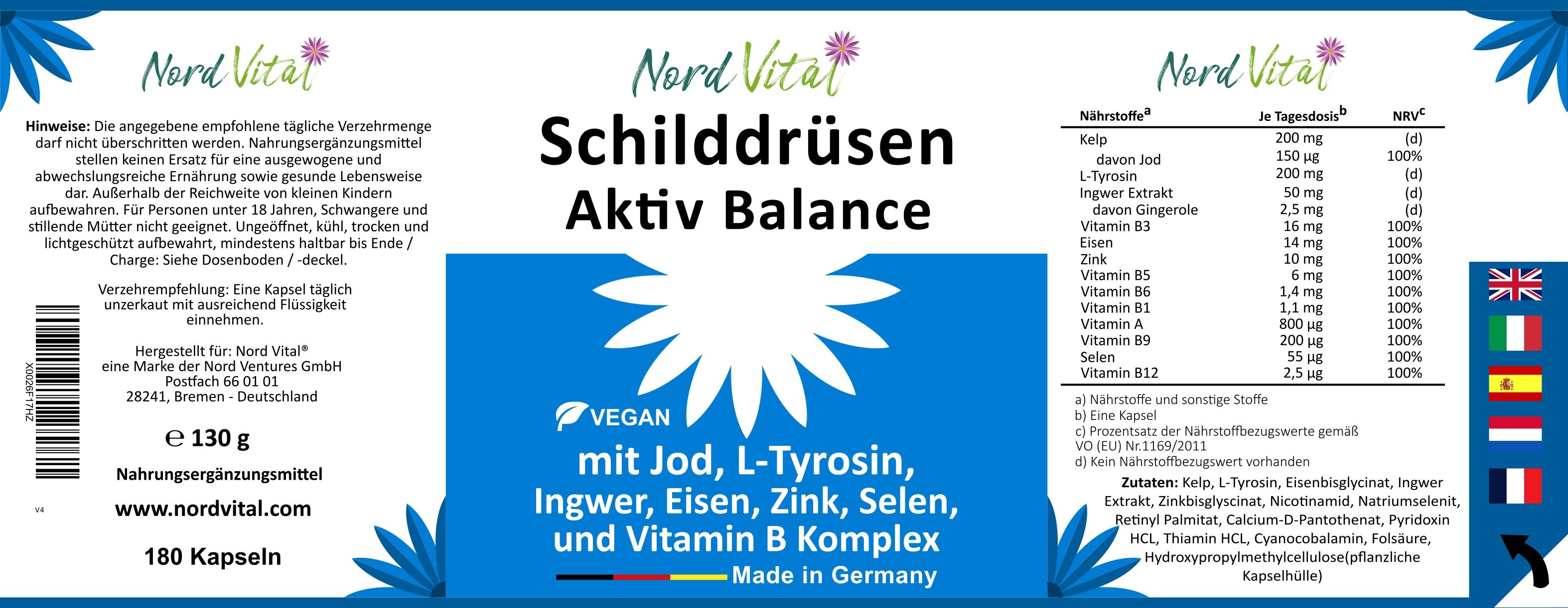 Nord Vital Schilddrüsen-Aktiv-Balance -13-in-1-Komplex mit Jod, L-Tyrosin, Ingwer, Selen, Eisen, uvm