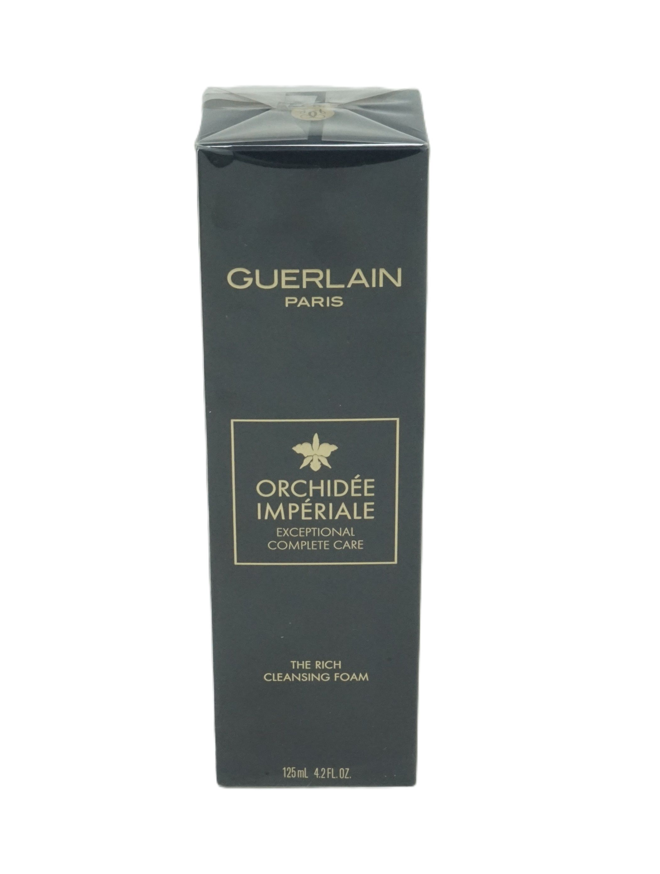 Schwarze Verpackung mit goldfarbenem Schriftzug. Enthält "GUERLAIN PARIS" und "ORCHIDÉE IMPÉRIALE". Unten steht "THE RICH CLEANSING FOAM".
