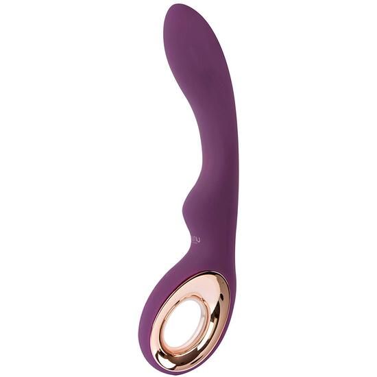 Lila Vibrator mit roségoldfarbenem Ring. Gebogene Form.